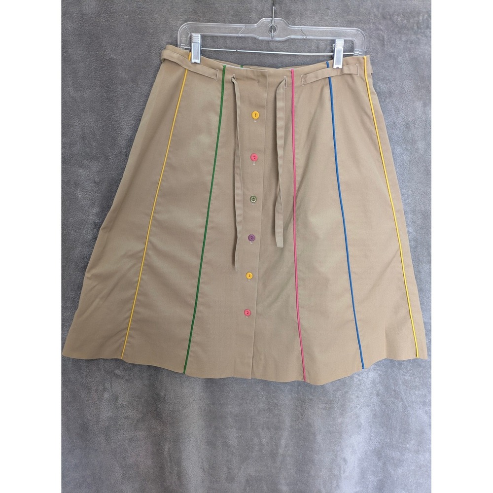 Vintage Aline Midi Skirt Womens 14 Tan‎ Khaki Rainbow Piping Button Front Artsy